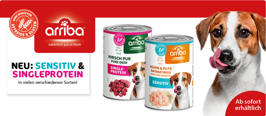 Banner der Marke Arriba mit zwei Futterdosen und einem Hund rechts