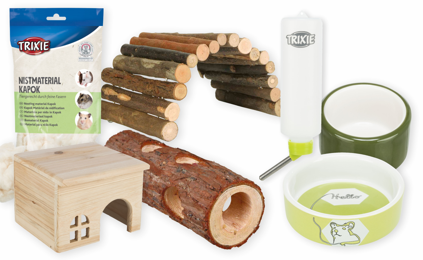 TRIXIE für Kleintiere - Holzmöbel und Näpfe für das Gehege