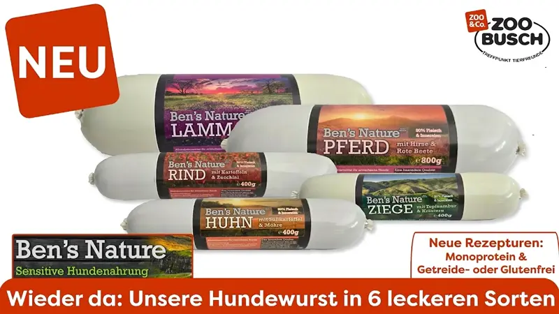 Neu: Hundewurst von Ben's Nature. Abbildung von verschiedenen Sorten Hundewurst. Hinweis auf neue Rezepturen mit Monoprotein, Getreide- oder Glutenfrei. Im Hintergrund fallen Lebensmittel herunter.