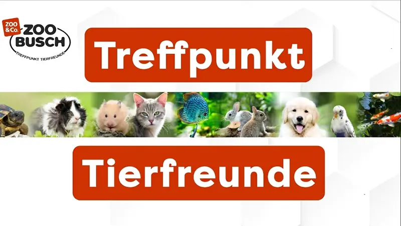 Banner mit dem Text: Treffpunkt Tierfreunde. In der Mitte befindet sich eine Collage von verschiedenen Heimtieren.
